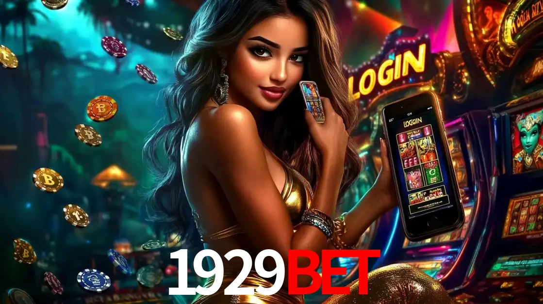 Mulher em um cenário de cassino temático de aventura, mostrando o app de caça-níqueis da 1929BET no celular. Fichas de apostas flutuam ao redor.