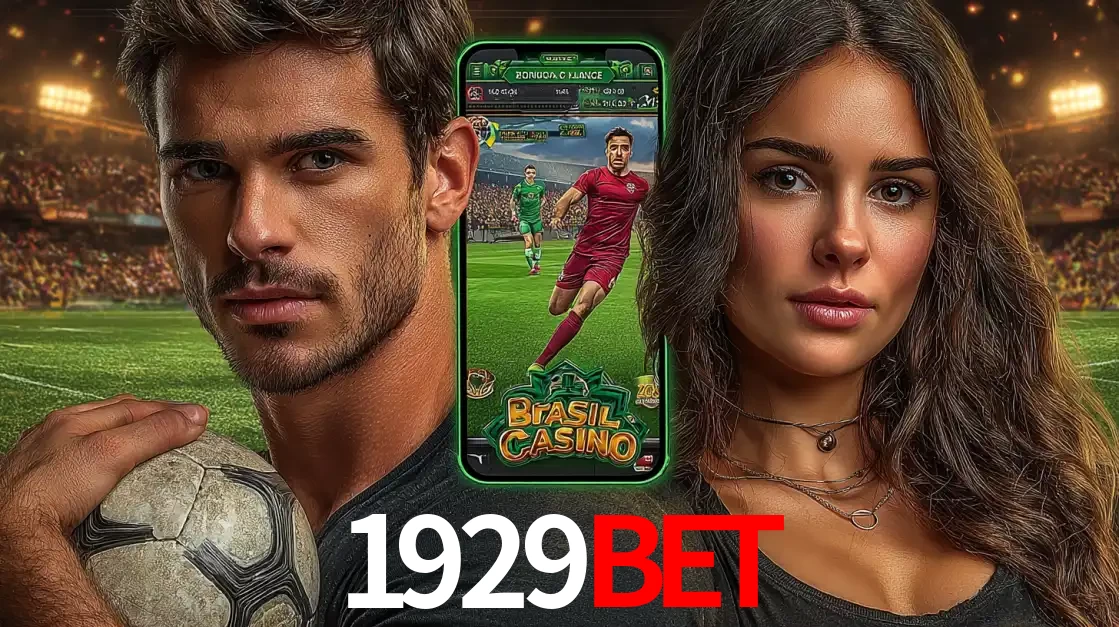 Homem segurando uma bola de futebol e uma mulher ao lado de um smartphone exibindo o jogo de apostas esportivas da 1929BET. Faça seu palpite no cassino online.